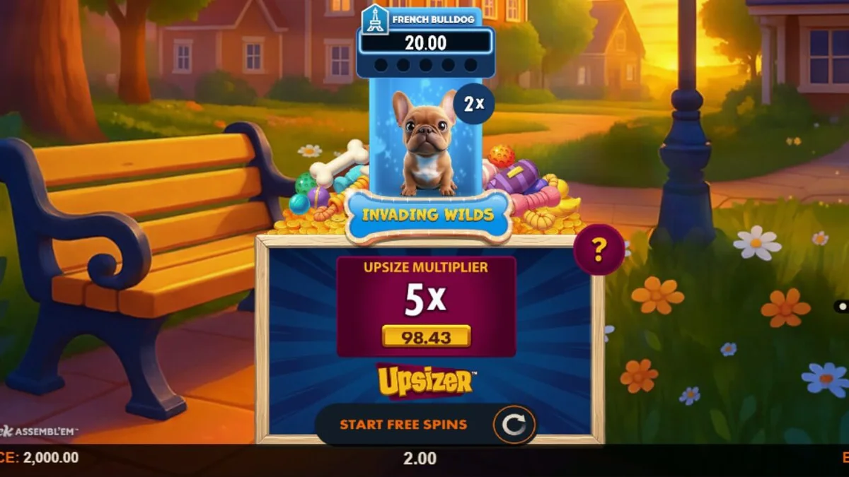 Tampilan visual slot Paw Pack Assembl’Em dengan karakter anjing kartun dan elemen halaman belakang.