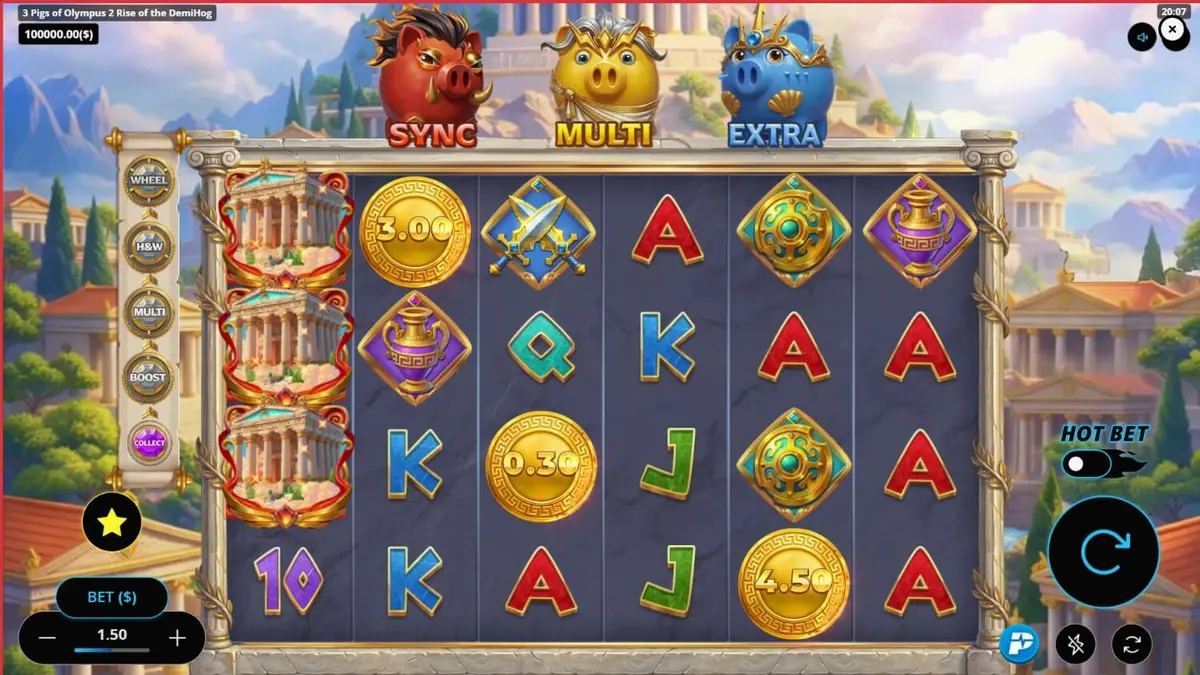 Tampilan visual slot 3 Pigs of Olympus 2 Rise of the DemiHog dengan tema mitologi Yunani dan babi pahlawan.
