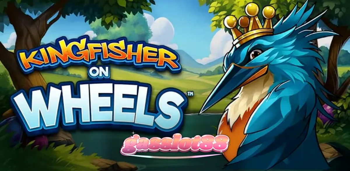 Pemandangan visual slot Kingfisher on Wheels dengan burung raja udang bermahkota emas.